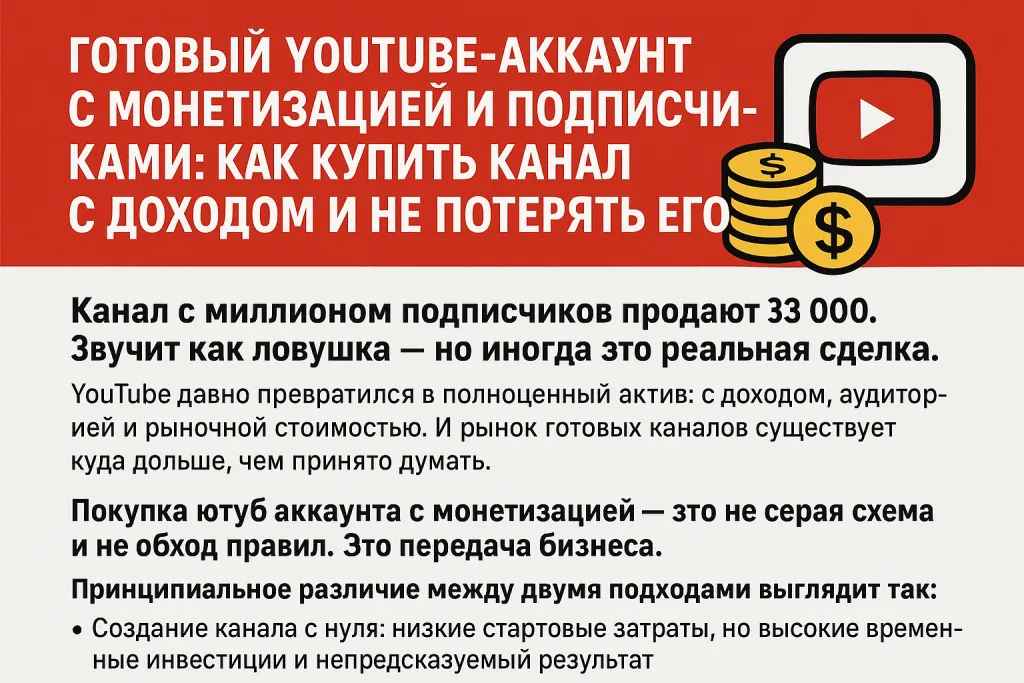 Готовый YouTube-аккаунт с монетизацией и подписчиками: как купить канал с доходом и не потерять его